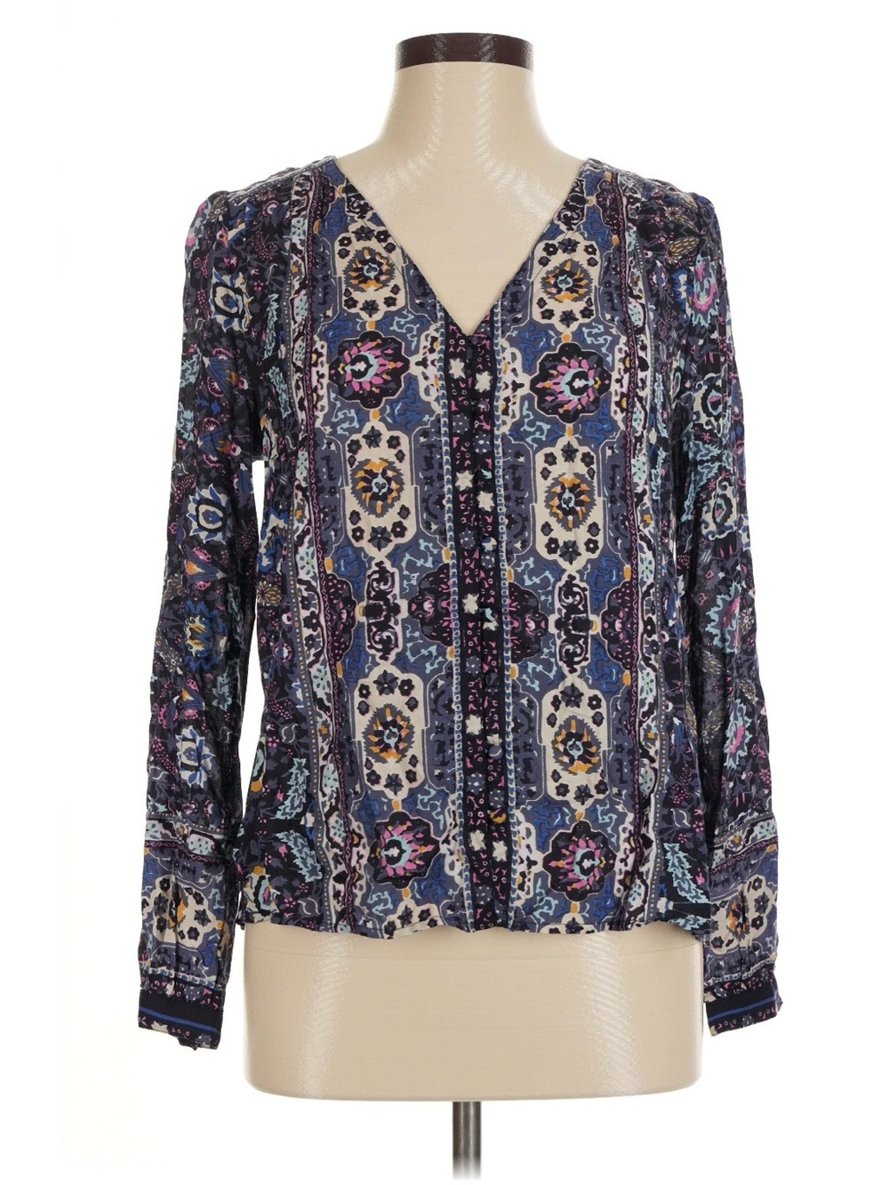 Lucky Brand Blue Paisley Geometric Boho V Neck Long Sleeve Top Sz M